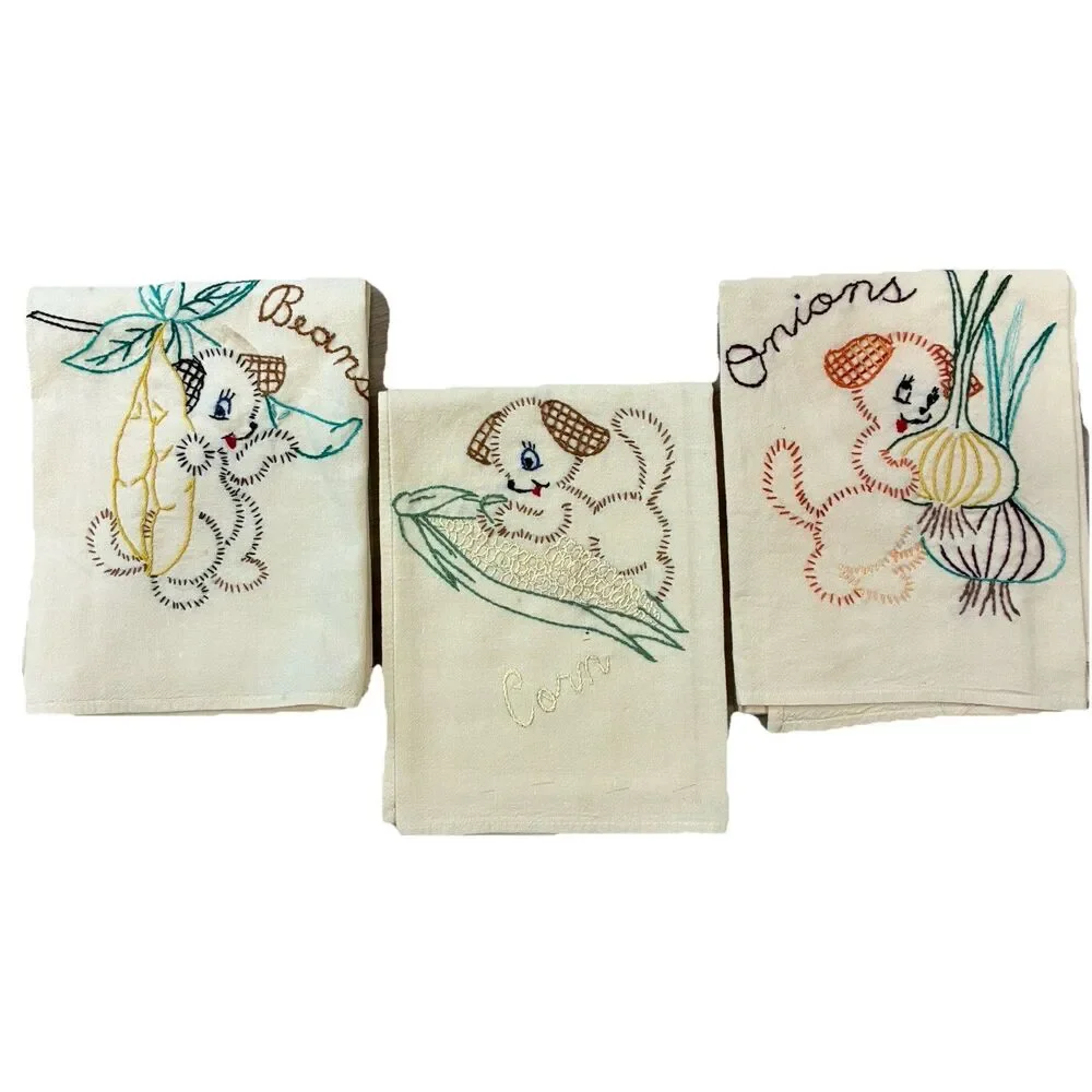 Lot of 3 Vintage Linen Kitchen Hand Towels HAND EMBROIDERED Dogs Vegetables